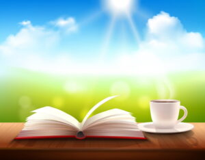 bom dia com muita luz, imagem de um livro e uma xícara